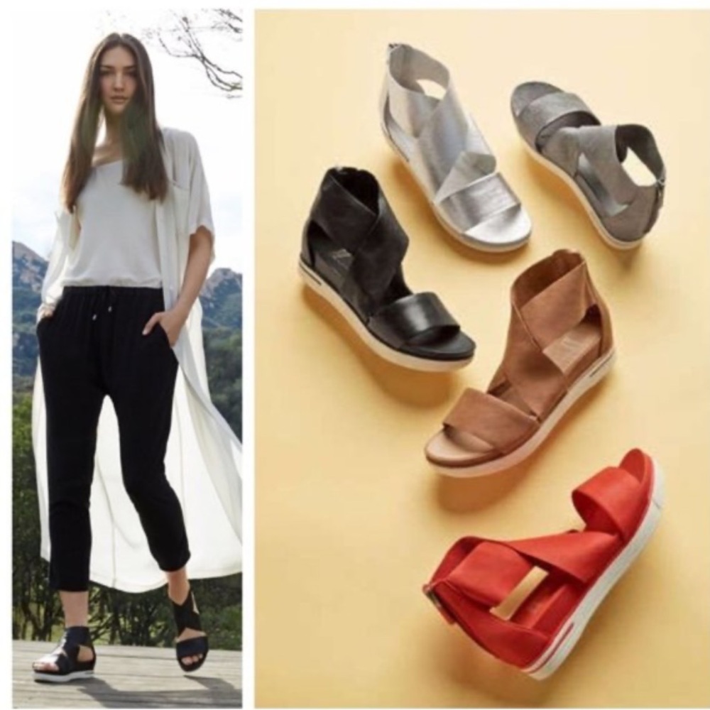 Eileen Fisher
Sport Wide-Strap Leather Sandals, Black & Pewter